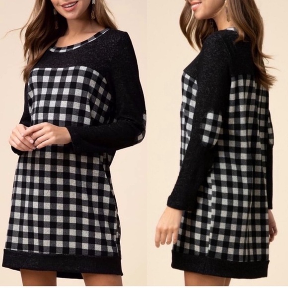 Entro Buffalo Plaid Mini Dress L Black White Checkered Holiday Fall Stretch - Picture 1 of 11